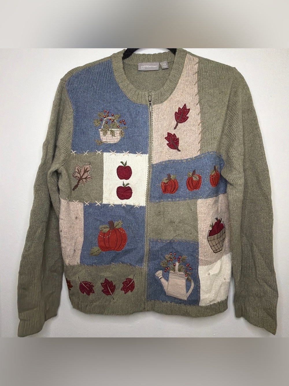 Croft & Barrow Petite Medium Fall Pumpkin Patchwork Zip Cardigan Sweater